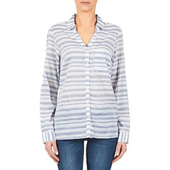 Columbia Womens Early Tide Long Sleeve Button-Up Shirt Blue Striped Cotton Blend - Picture 2 of 9